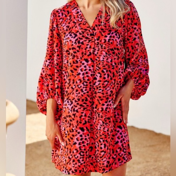 JODIFL Dress Red and Ponk Leopard Print Flowy V Neck Balloon Sleeves Mini: Large - Picture 1 of 12